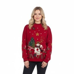 VTG  Women’s Red Ugly Christmas Embroidered Mock Neck Snowman Festive Sweater